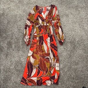 Anthropologie Red and Brown V-Neck Wrap Dress